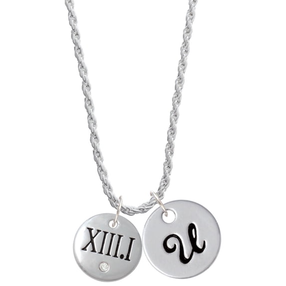 Delight Jewelry Silvertone Half Marathon with Clear Crystal Roman Numeral Silvertone Script Initial Disc - U - Charm Necklace, 20"+3"