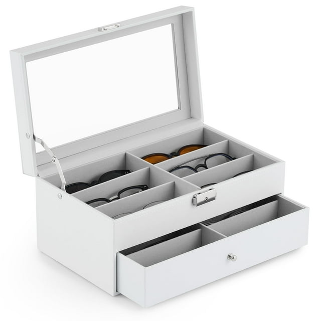 Organizador de Anteojos de Sol CO-Z de Cuero con 12 Compartimentos y Cerradura Blanco