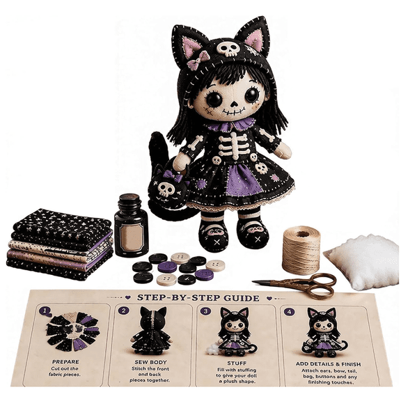 2026 Patchwork Skeleton Witch Girl DIY Kit, Halloween Sewing Craft Kit for Adults , Create Your Own Collectible Plushie for Festive Room Decor D