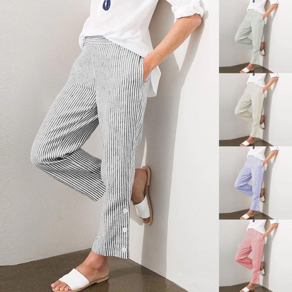 BXSRUTA Women's High Waisted Elastic Waist Button Front Pants with Pockets Casual Printed Loose Fit Split Hem Trousers