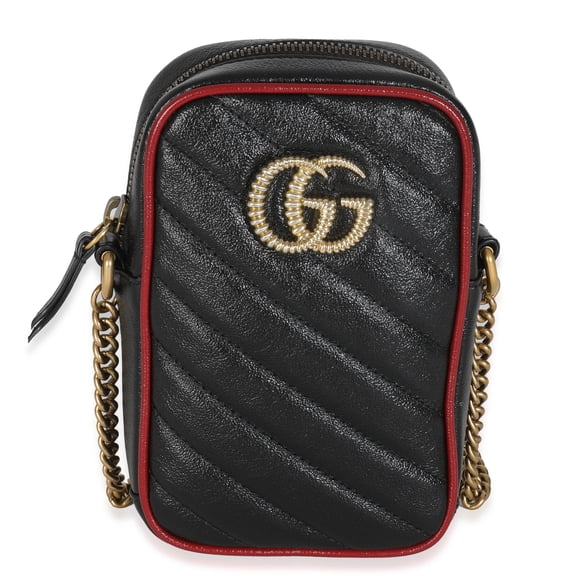 Pre-Owned Gucci Red Black Calfskin Matelasse Mini GG Marmont Crossbody Bag