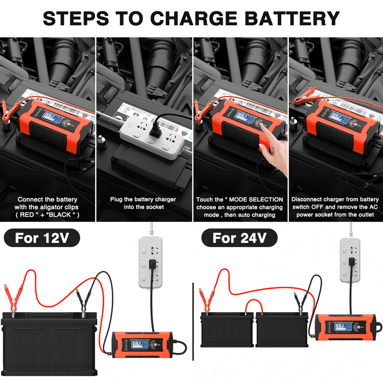 10-Amp Car Battery Charger, 12V 24V Automatic Smart Battery Maintainer Trickle Charger, Battery Charger Battery Desulfator with Temp Compensation for