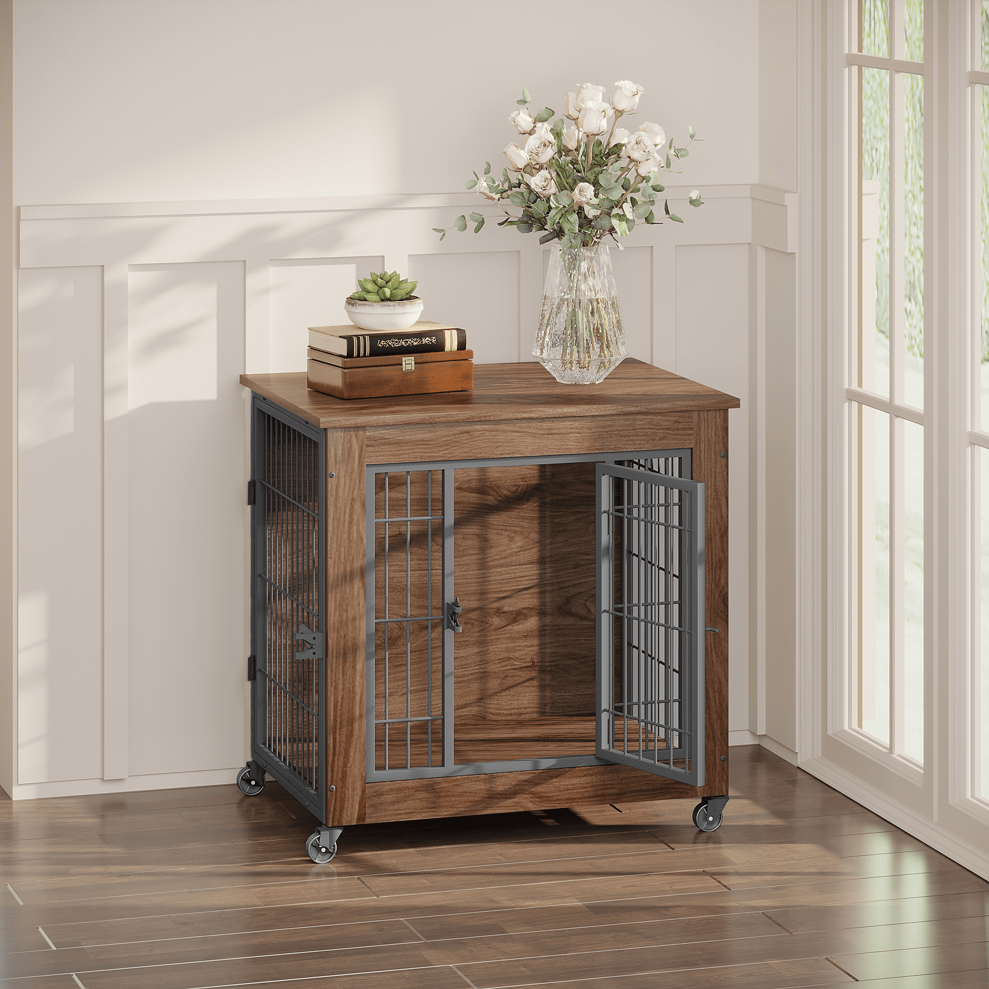27.2" Dog Crate Furniture with Wheels, Wooden Indoor Pet Kennel End Table, Heavy Duty Double-Door Metal Dog Cage with Brake Casters, Sturdy Breathable Crate for Small Anxious Dogs