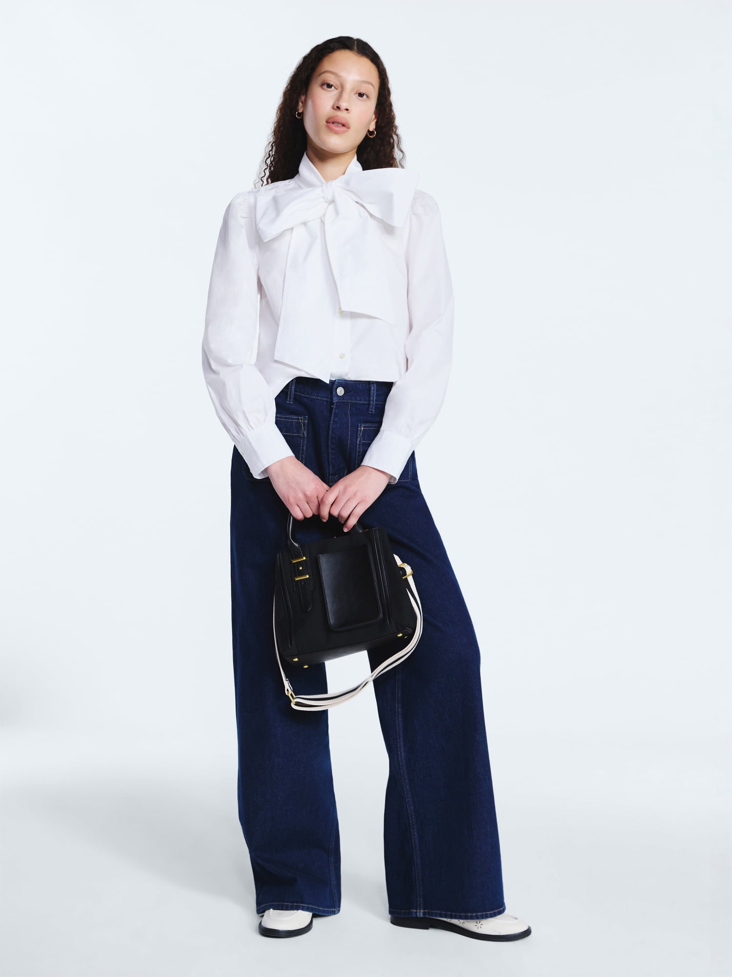 Free Assembly Women's Cotton Tie Neck Blouse with Long Puff Sleeves, Sizes XS-XXL