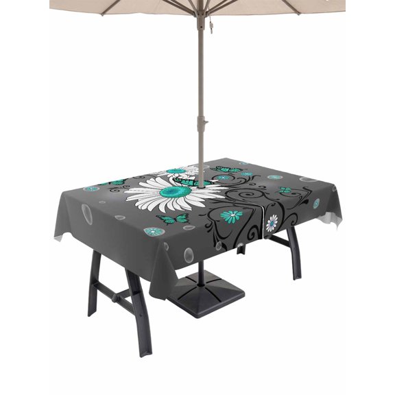 Outdoor Tablecloth with Umbrella Hole for Patio/Picnic/Party/Camping, Daisy Butterfly Waterproof Table Cloth Rectangle Table Cover Washable, Spring Floral Teal Butterflies Modern Art (52"x 70")