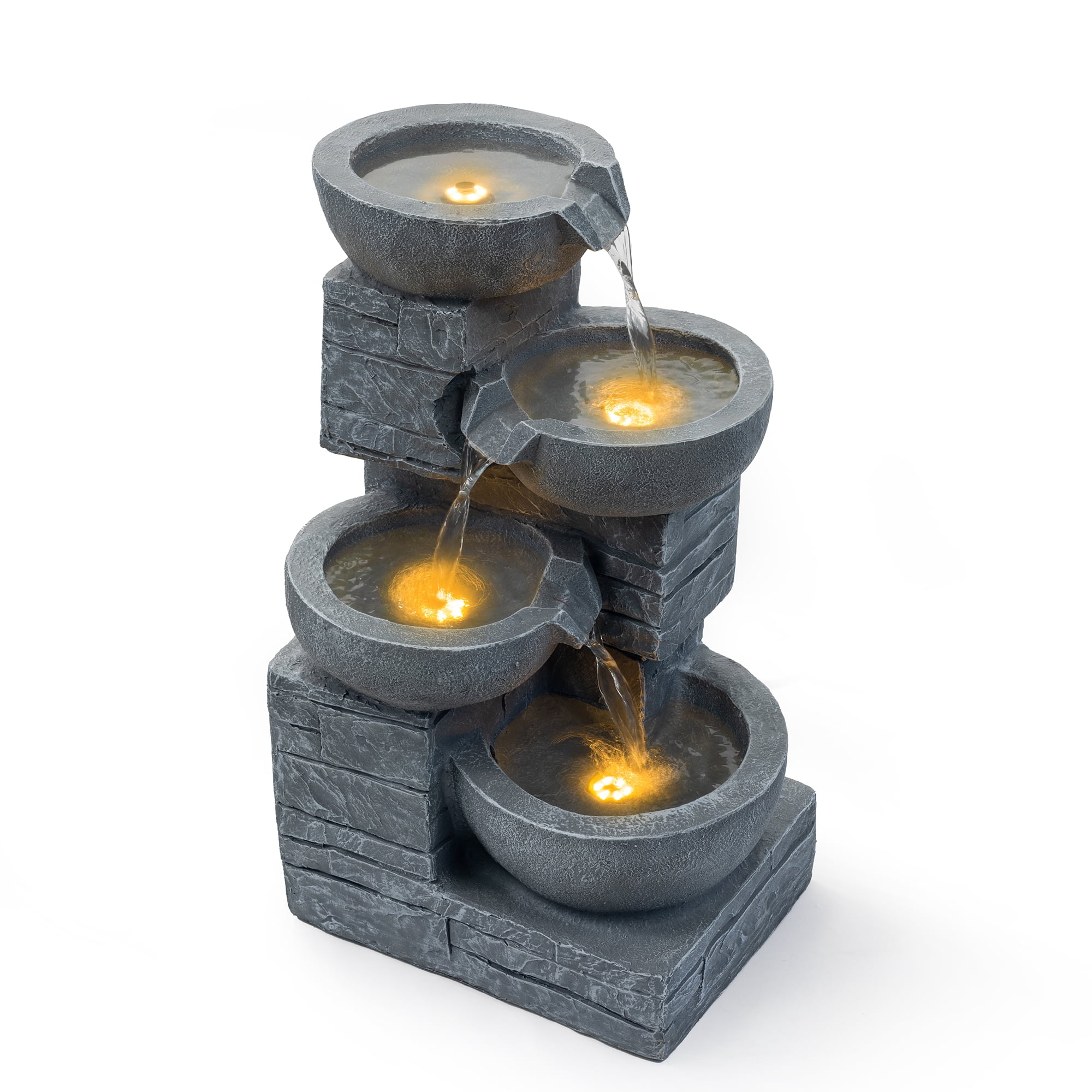 Outdoor Water Fountain with LED Light, 4-Tiers 21.85" Waterfall Fountain, Indoor/Outdoor Floor Standing Water Feature for Garden, Patio