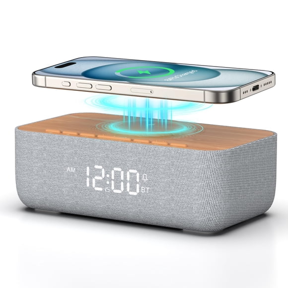 Radio despertador REACHER, cargador magnético inalámbrico para iPhone de carga rápida, despertador con carga inalámbrica, altavoz Bluetooth, radio FM, dormitorio, mesita de noche, escritorio