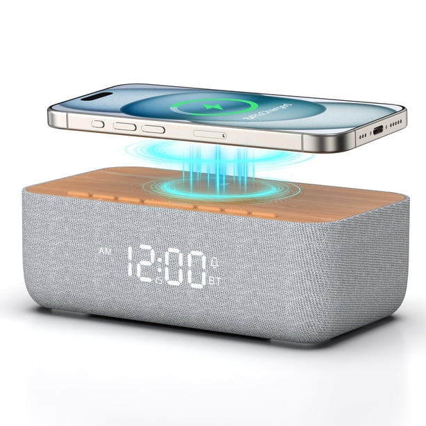 Radio despertador REACHER, cargador magnético inalámbrico para iPhone de carga rápida, despertador con carga inalámbrica, altavoz Bluetooth, radio FM, dormitorio, mesita de noche, escritorio