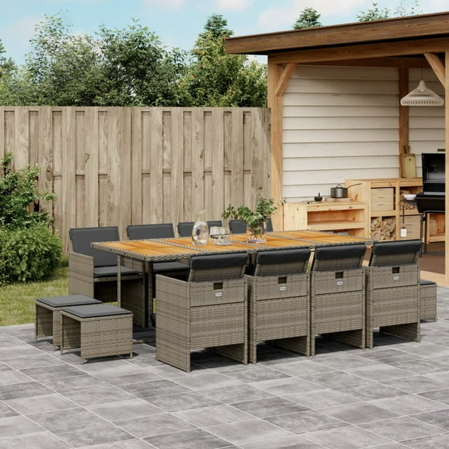 vidaXL 13 Piece Garden Dining Set with Cushions Grey Poly Rattan