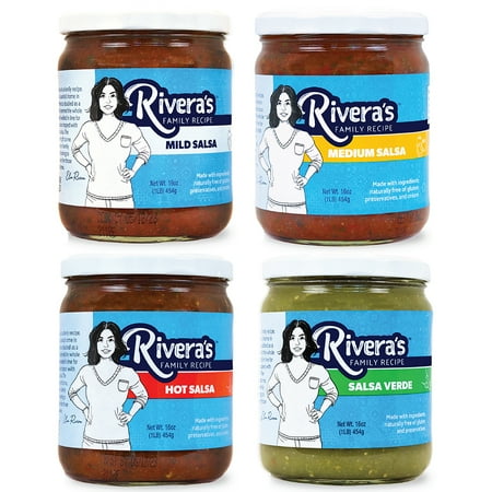 Rivera's Family Recipe Salsa Sampler Pack (Mild, Medium, Hot, and Salsa Verde), 16 oz. Jars, Pack of 4