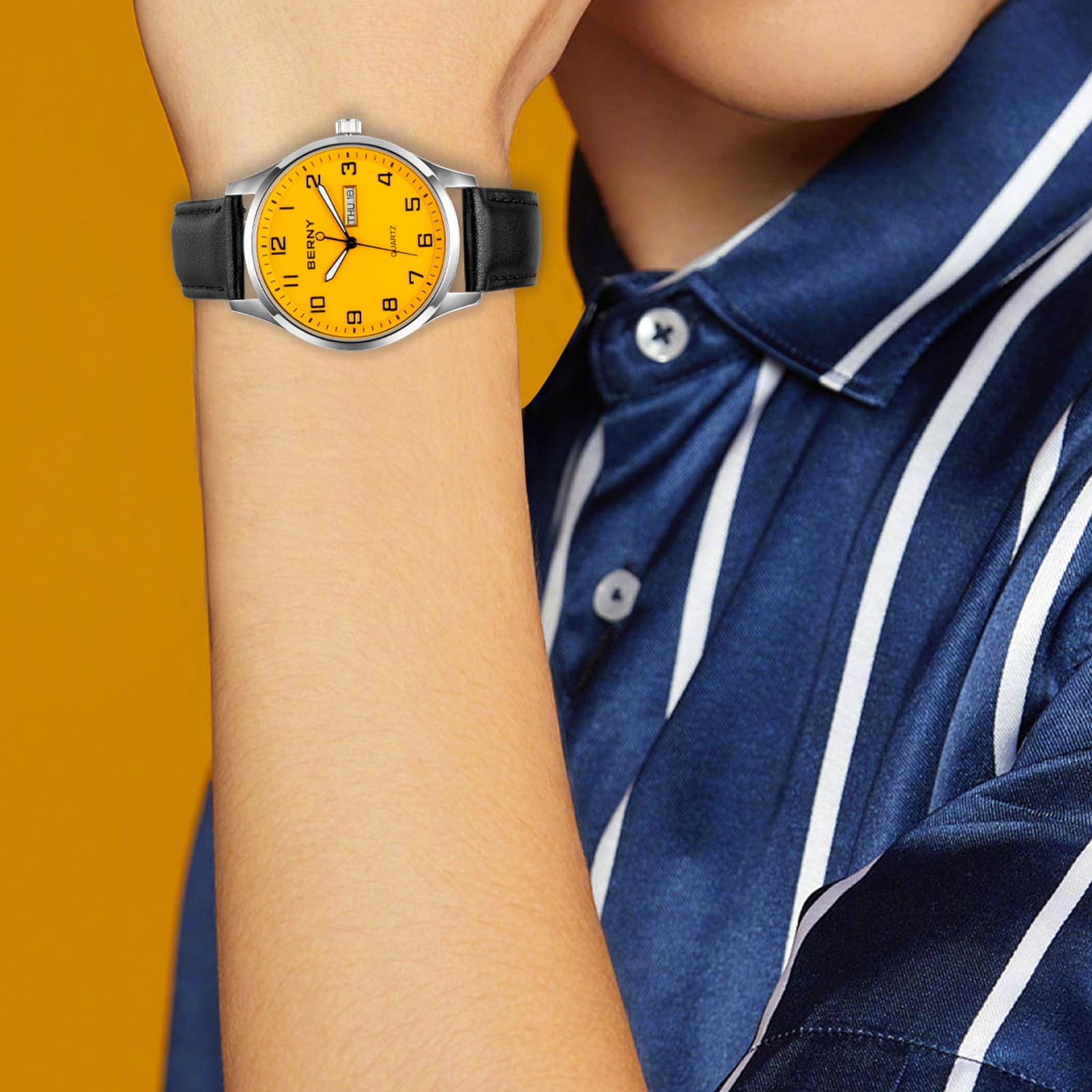 BERNY Modern Quartz Watch for Men Casual Easy Read Wristwatch with Arabic Numeral Watch Dial, Genuine Leather Strap and Day & Date Calendar