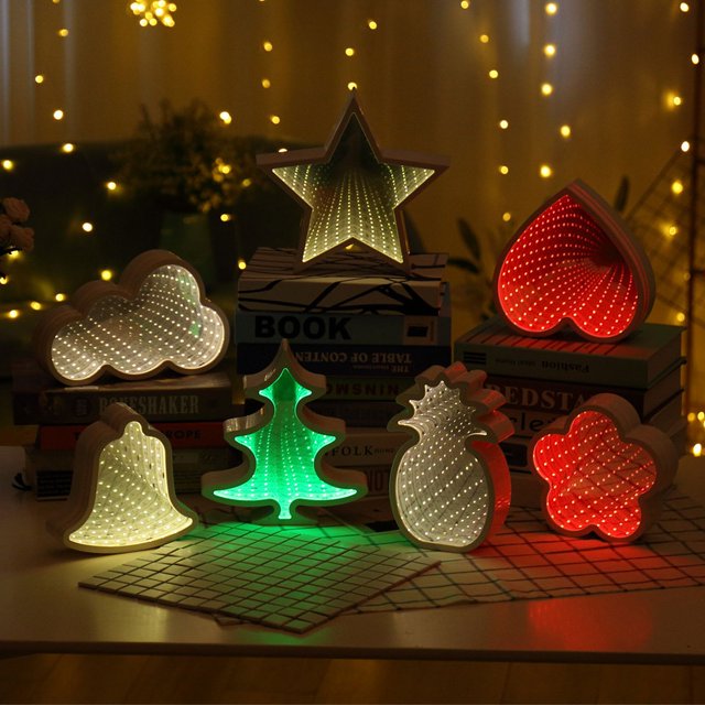 Luces de túnel con explosiones, luces LED para modelar árboles de Navidad, luces de espejo de amor, luz de noche 3D con forma de piña y estrella de cinco puntas