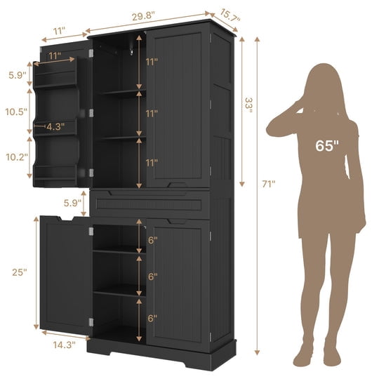 Aiho 71" Kitchen Storage Cabinet with Doors and Shelves, Bathroom Storage Cabinet - Black