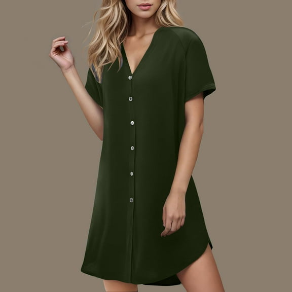 QUNYINEY A-Line Dresses for Women Solid Short Sleeve Mini Dresses Summer Loose Fit Button Down V-Neck Shirt Dress