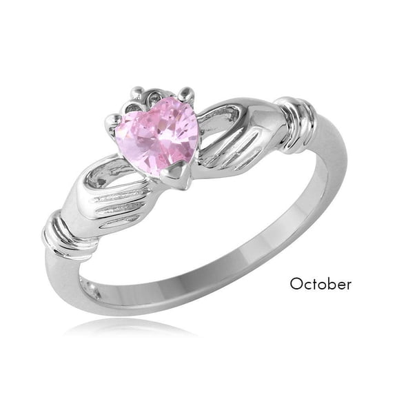 Sterling Silver 925 Rhodium Plated October Simulated Claddagh Ring Pink Cubic Zirconia Female Size 5