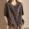 thumbnail image 3 of MIXUE Womens Summer Tops Summer Linen Solid Color Round Neck Button Up Short Sleeve Pocket Casual Vintage Cardigan T-shirts Daily-Wear,Brown,XXXL, 3 of 3