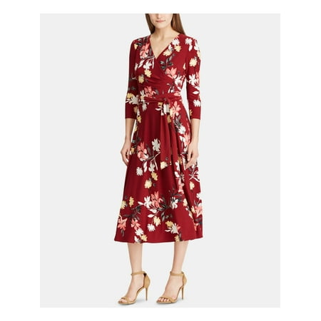 RALPH LAUREN Womens Red Floral 3/4 Sleeve V Neck Midi Sheath Dress Size: 2