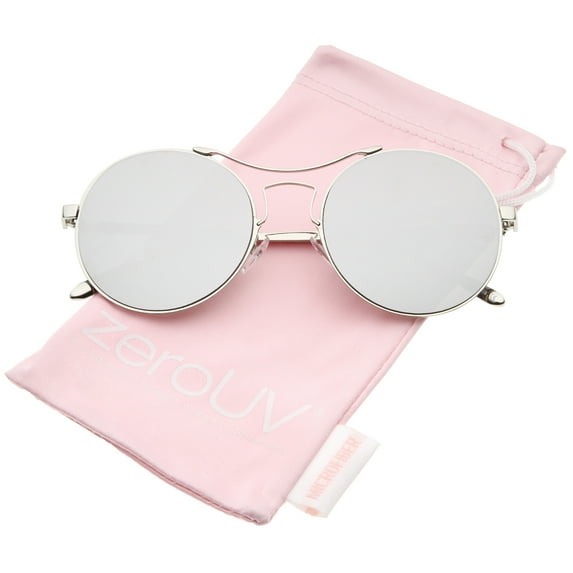zeroUV Unisex Modern Thin Metal Frame Curved Brow Bar Colored Mirror Flat Lens Round Sunglasses (Silver / Silver Mirror) - 55mm