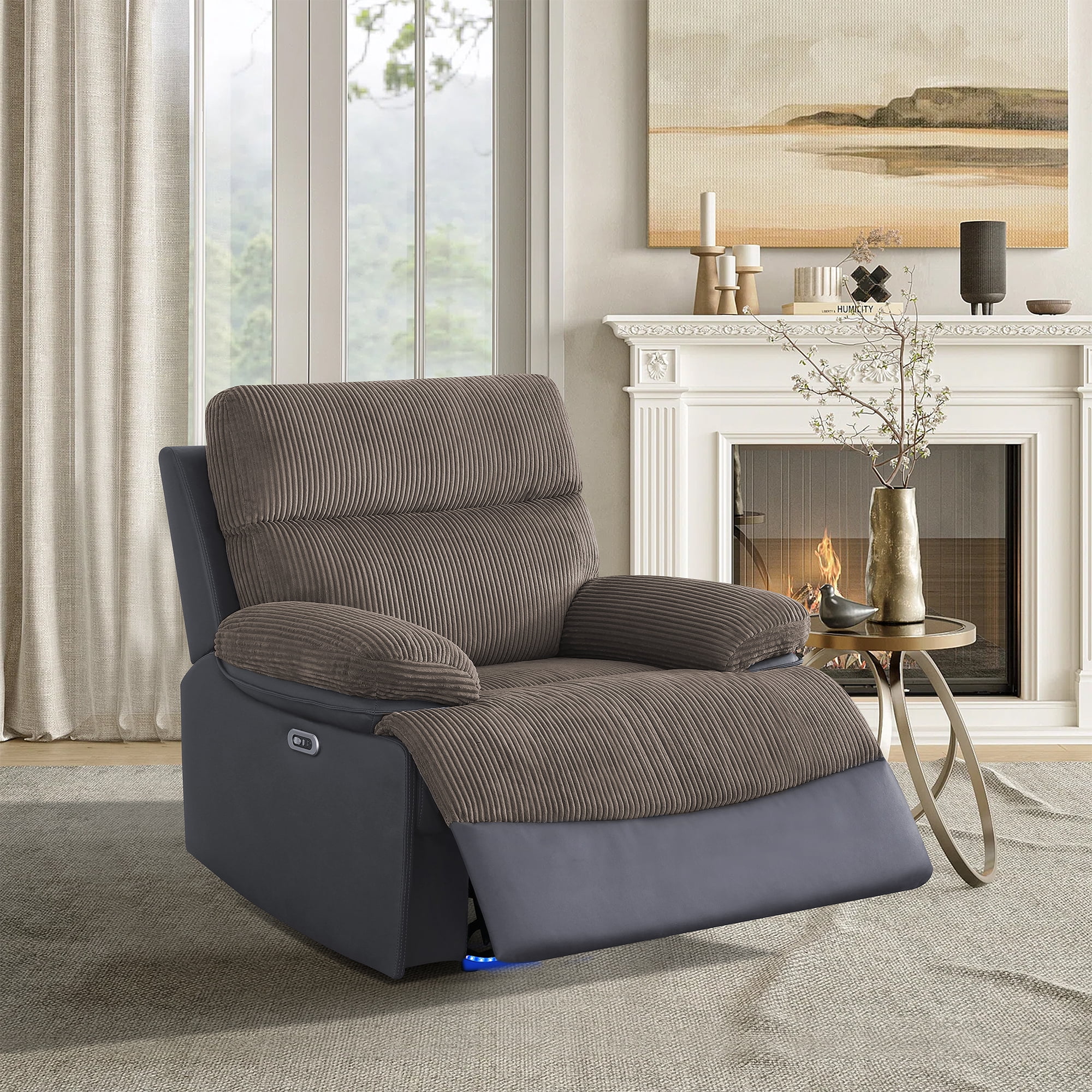 Gewnee Power Recliner Chair, Adjustable Reclining Lounge Chair with USB Ports, LED Lights, Flocking Upholstered Single Sofa Recliner for Living Room, Office, Brown&Blackish Gray