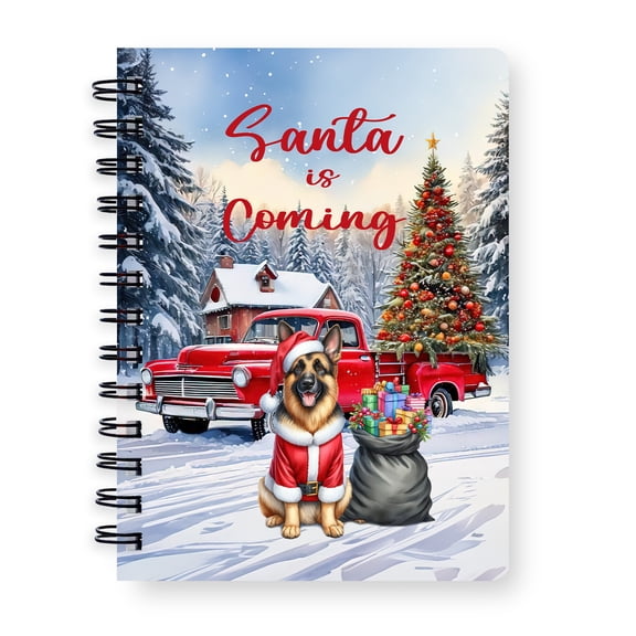 Santa is Coming German Shepherd Merry Christmas Xmas Noel Truck Tree Spiral Bound Journal Alsatian Dog Lover Gifts 5x7in Spiral Notebook - 02023