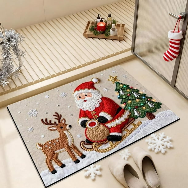 Alfombra de baño navideña de punto | Alfombra de baño absorbente y antideslizante de terciopelo de cristal multicolor | Alfombra de baño suave y cálida para decorar la entrada y el baño.