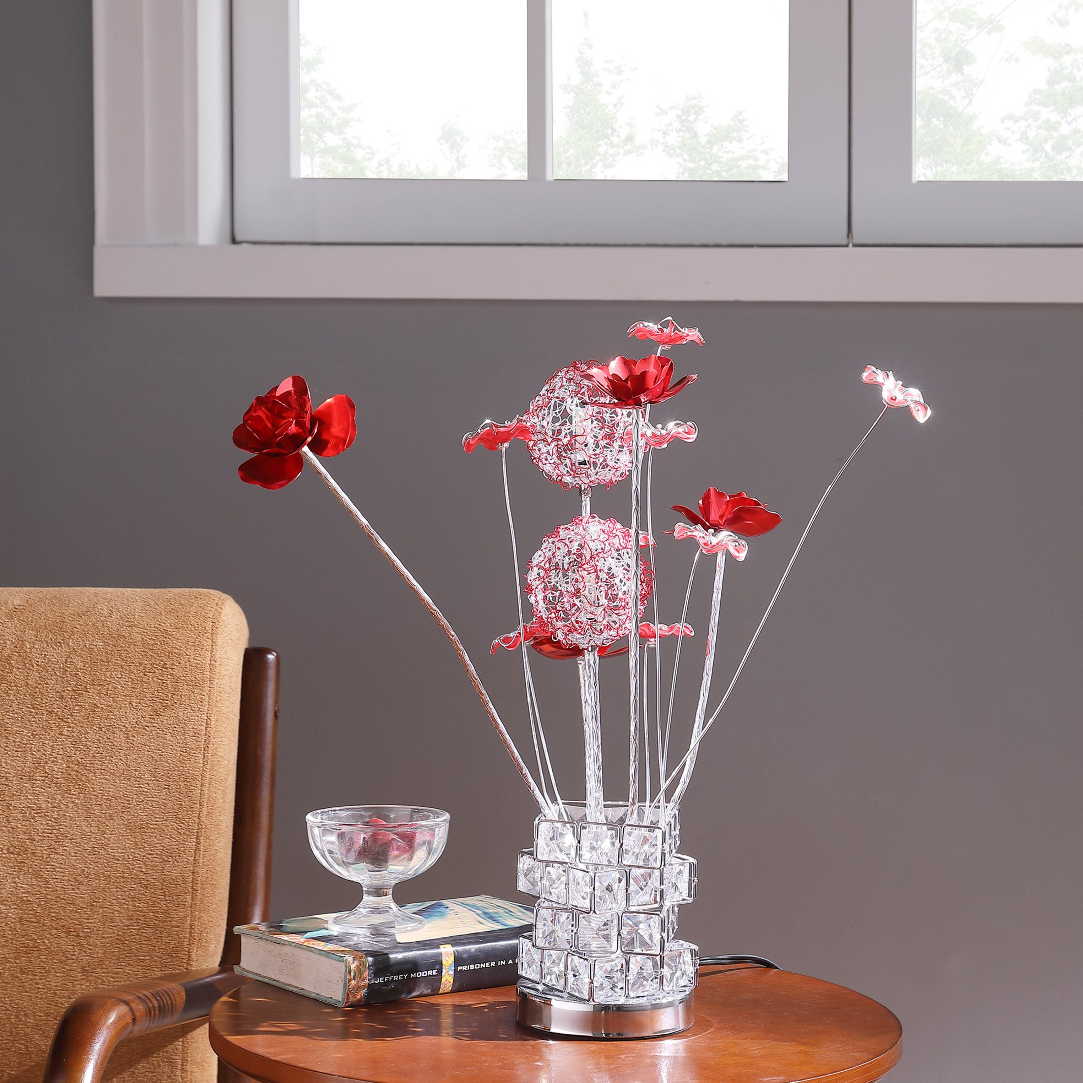 Noble House 20.75" Floral LED Table Lamp, Aluminum & Acrylic Red Roses, G4 Light Bulbs, Chrome Vase, Multicolor