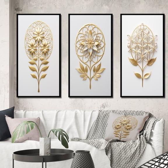 Designart "Golden Elegance Flower of Life III" Abstract Botanicals Framed Wall Art Set Of 3 - Gold Modern Frame Gallery Set For Office Decor