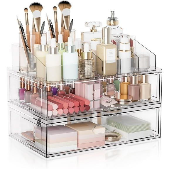 Clear Stackable Makeup Organizer with Drawer, 12''W Storage Drawers, Display Case for Vanity Bathroom Countertop, Beauty Holder for Lipstick Brush Skincare Perfume