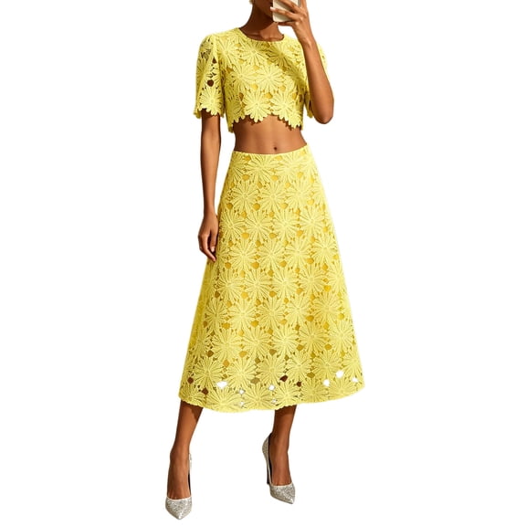 RFQWOVSR Women's Solid Color Embroidered Short Sleeve Crop Top Maxi Skirt 2 Piece Set French Style Casual Summer Dress Outfit S