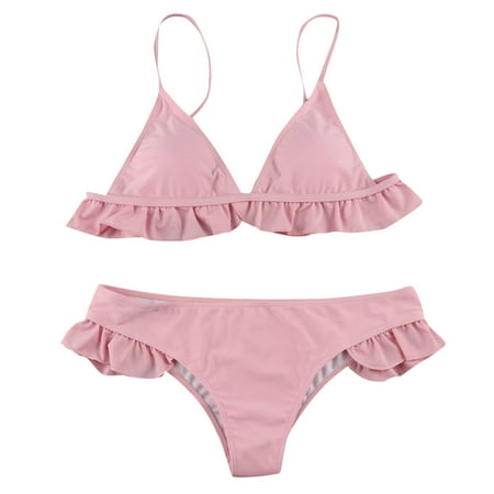 Ploknplq Women s Two-piece Swimsuit Women Padded Push-up Bra Bikini Set Ruffles Swimsuit Low Waist Bathing Suit Swim Summer Swimwear Pink S