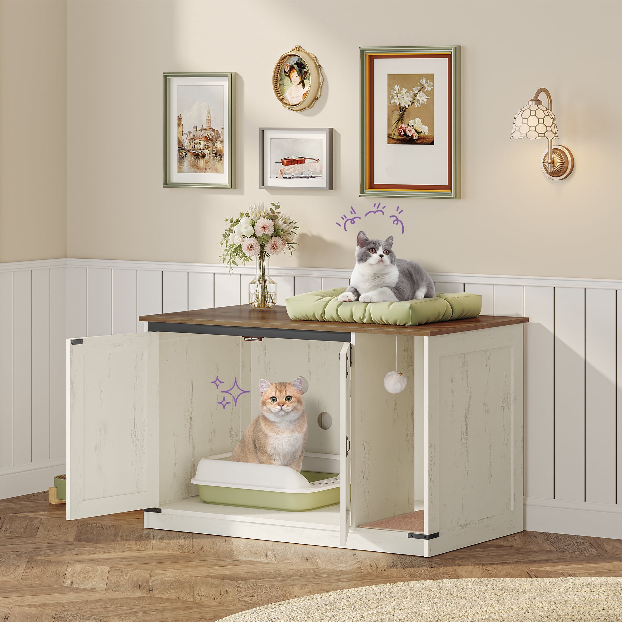 Hzuaneri 39.4 Cat Litter Box Enclosure Hidden Cabinet Furniture with Bell Farmhouse Style Rustic Brown and White