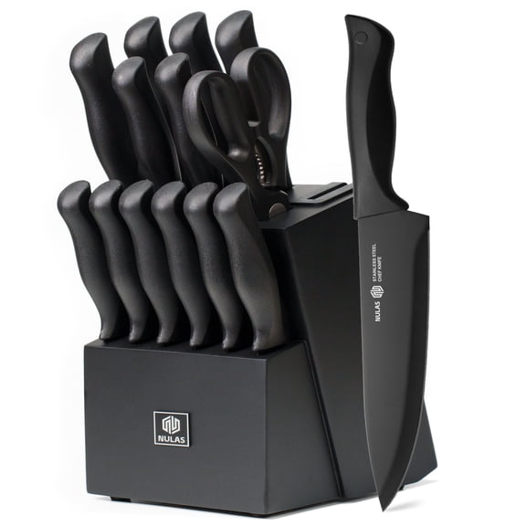 NULAS Knife Set, 15-Piece Kitchen Knife Set with Block, Self-Sharpening, Dishwasher Safe Knives & Anti-Slip Handles (Black)