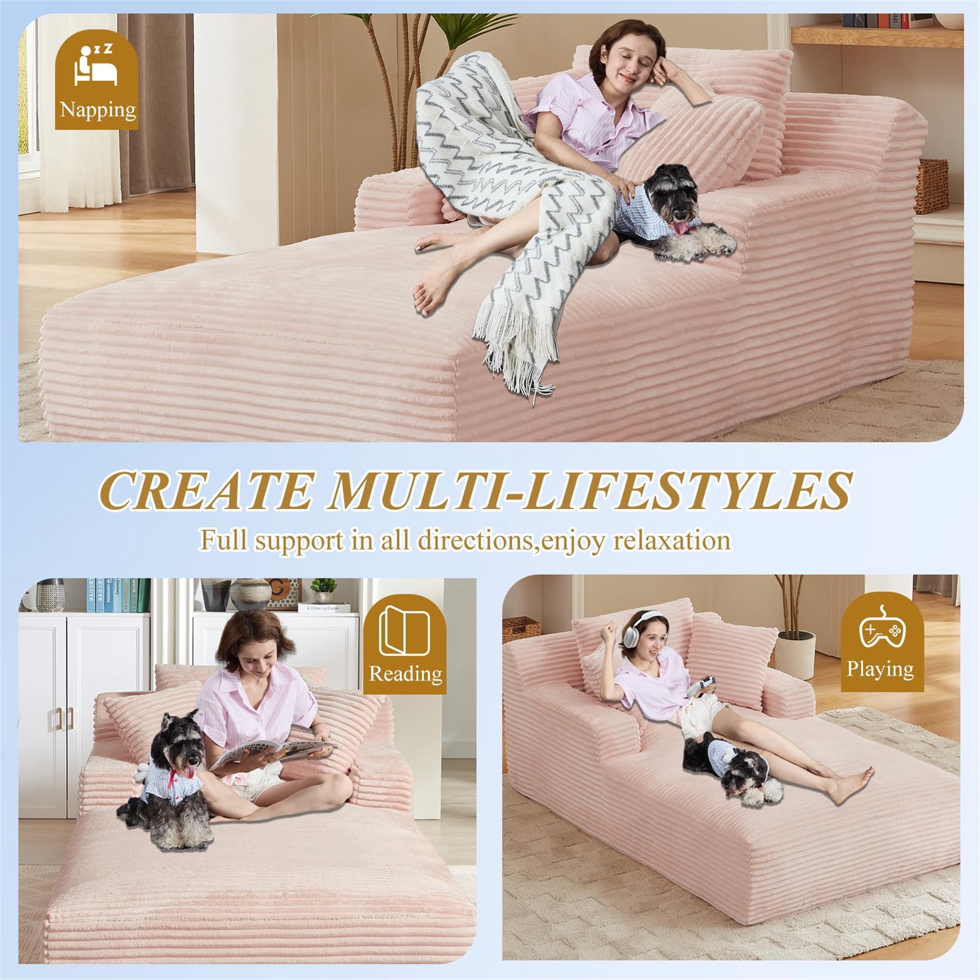Aukfa Chaise Lounge Oversized Indoor Chair Boneless Couch for Living Room, 3Pillows, Pink
