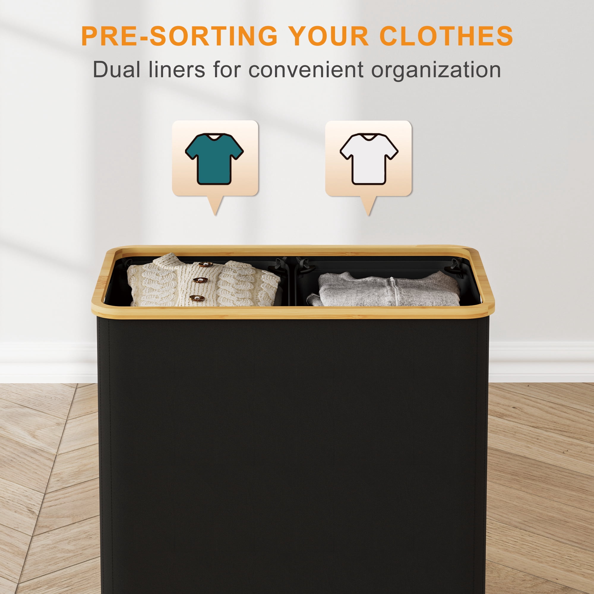 BGTREND 148L Double Laundry Basket with Lid, Clothes Hampers for Laundry with Bamboo Handles and Removable Liner Bags, Collapsible Laundry Sorter Dirty Clothes Hamper (Black)