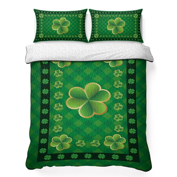Green Checked on St. Patrick's Day 3 Piece Quilt Bedding Set with 2 Pillow Shams, Lightweight Bedspread Coverlet, Soft Breathable All Season Quilt, 68 x 86 Inch