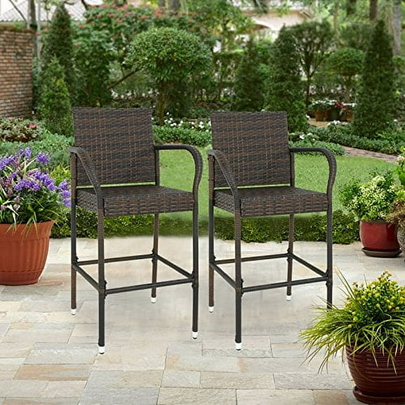 HomGarden Set of 2 Rattan Wicker Bar Stool Outdoor Backyard Barstool Chair Patio Furniture Bar Chair Set with Armrest