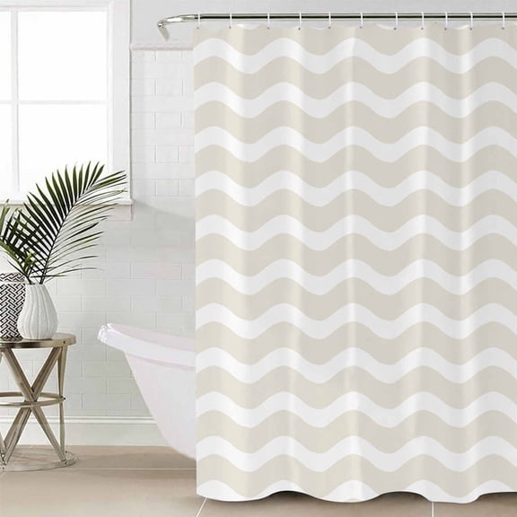 Cream Moire Waterproof Fabric Shower Curtain, Water Ripple Stripe Farmhouse Shower Curtain for Bathroom Curtains Bathtubs Hotel Washable Shower Curtains with 12 Hooks Standard 66x72