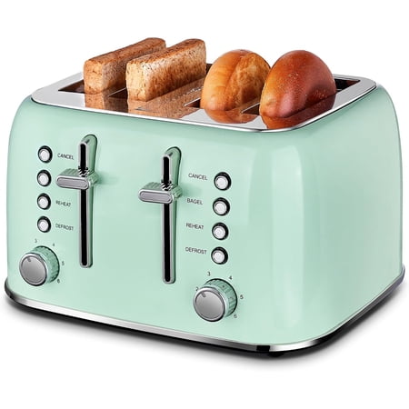 Toaster 4 Slice Retro Stainless Steel with Extra Wide Slots Bagel Defrost Reheat Function Dual Independent Control Panel Removable Crumb Tray 6 Browning Levels