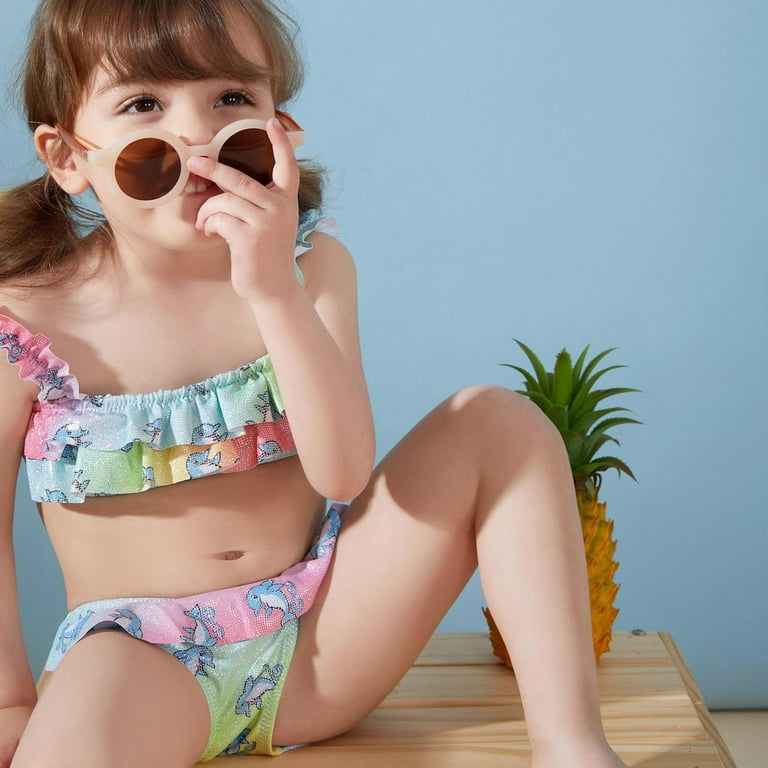 QIPOPIQ Girls Swimsuits Clearance Toddler Girls Kids Swimsuit Sling Flower  Dolphin Print Beach Ruffle Bikini Suit