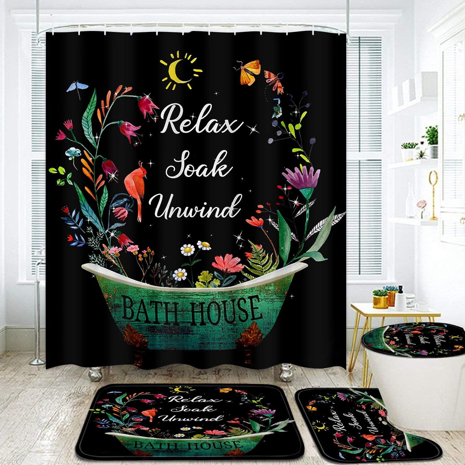 4 Pcs Floral Shower Curtain Flowers Leaves Bathroom Sets with Shower Curtain and Rugs Vintage Farmhouse Bathroom Decor Country Bathtub on Rustic Wood Backdrop Bathroom Rugs Mat Toilet Lid Cover