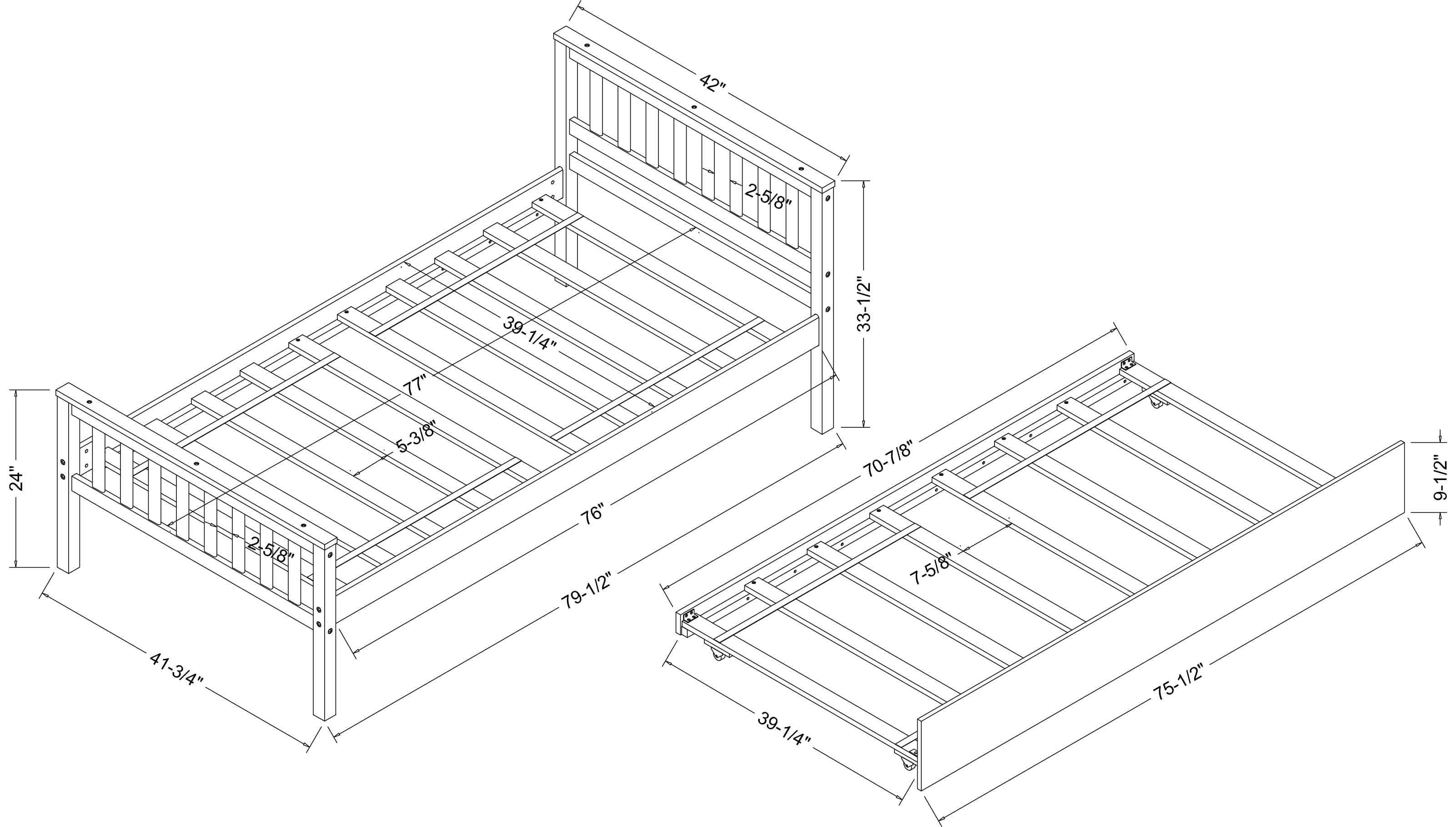 Aukfa Twin Platform Bed with Trundle for Kids - Wood Bed Frame - Gray