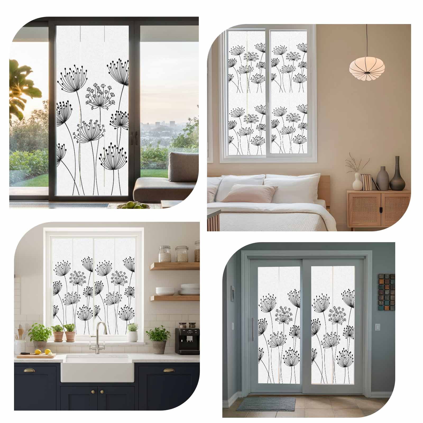 Black Dandelion Window Privacy Film, Country Modern Minimalist Flower Static Cling UV Sun Blocking Tint Film Heat Control Windows Films for Bedroom Bathroom, Window Stickers 29.5"x78.7"