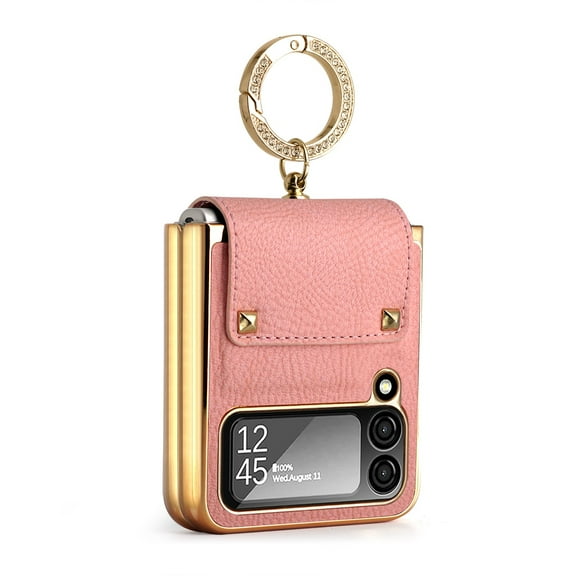 Leather Case Compatible with Samsung Galaxy Z Flip 4 with Ring Hinge Protetion Luxury Shockproof Women Girls Case-Pink