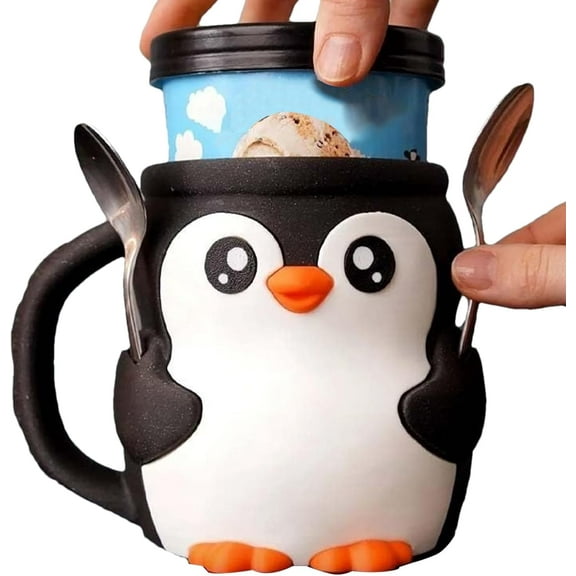 Penguin Ice Cream Pint Holder | Ice Cream Cup Holder | Insulated Cute Penguin IceCream Stand Tub with Secret Snack Drawer | Ice-Creams Pint Sleeve Bowls Cooler Container for Kitchen Gadgets