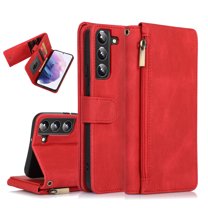 SaniMore Samsung Galaxy S22 Case (6.1" 2022) with Zipper Wallet & Wrist Strap & Magnetic Closure Card Slots Kickstand Slim Full-around Protective Business Cover for Samsung Galaxy S22, Red