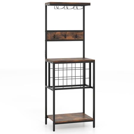 RUIE Freestanding Wine Rack Floor Cabinet Wine Bar Organizer with Countertop Glass Racks and Storage Shelves for Kitchen Dining Room Rustic Brown