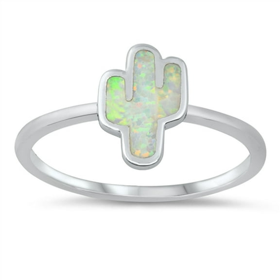 CHOOSE YOUR COLOR Cactus Ring White Simulated Opal Promise .925 Sterling Silver Band CZ Female Size 6