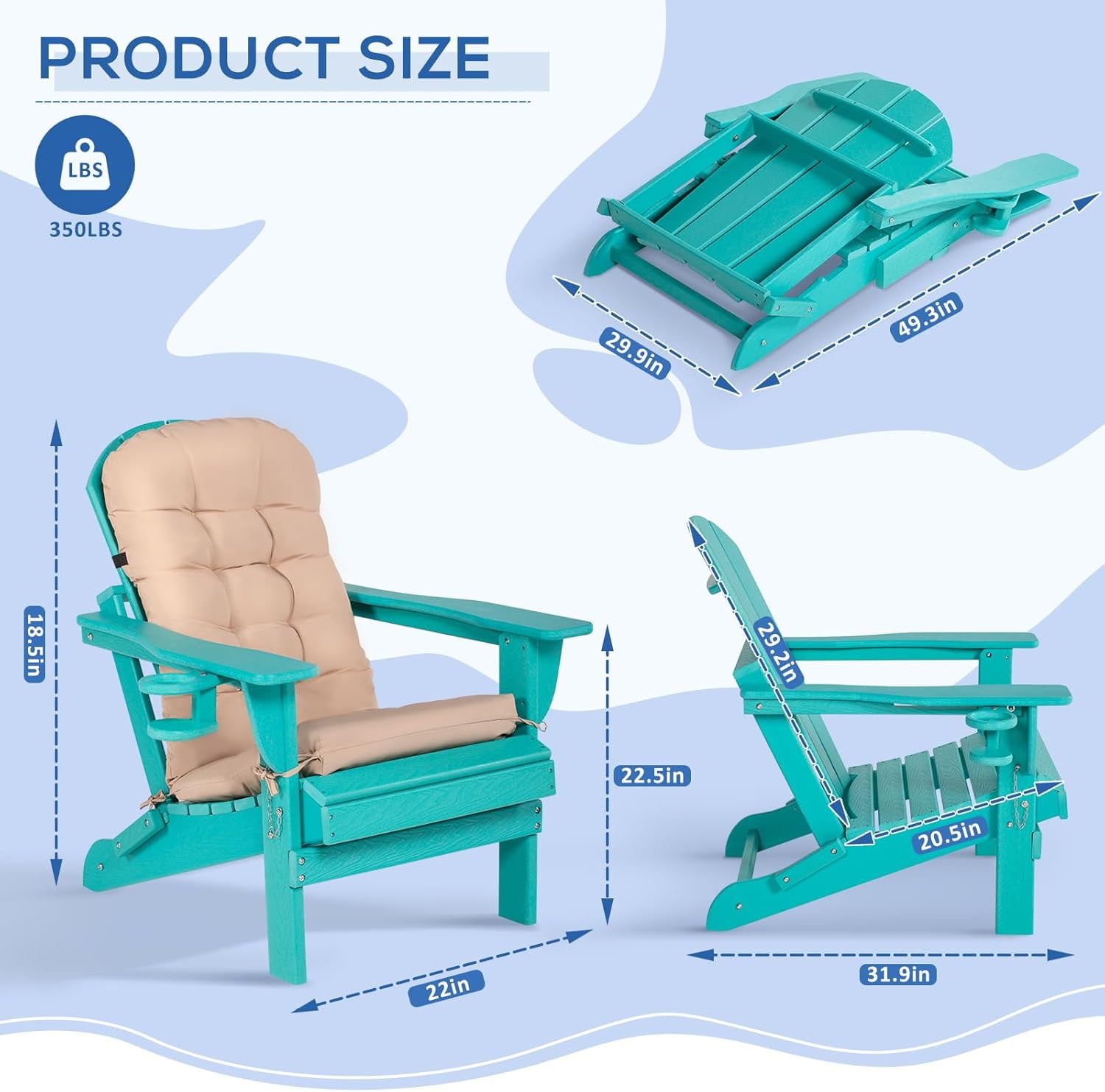 Nalone Folding Adirondack Chairs with Cushion with Cup Holder, HDPE Plastic Oversized Patio Chair Weather Resistant(Aruba)