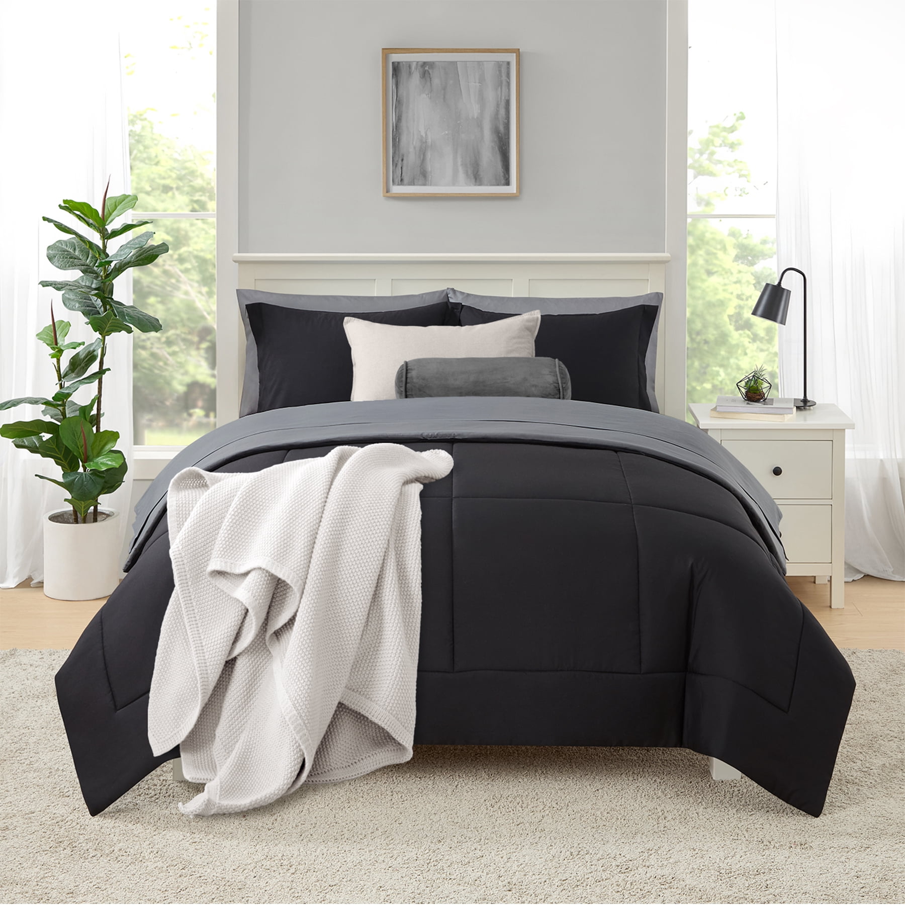 Mainstays All in One Reversible Comforter and Sheet set- 7 Piece, Full, Black