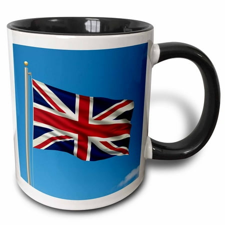 3dRose Flag of the United Kingdom on a flag pole with blue sky UK Great Britain British, Two Tone Black Mug, 11oz